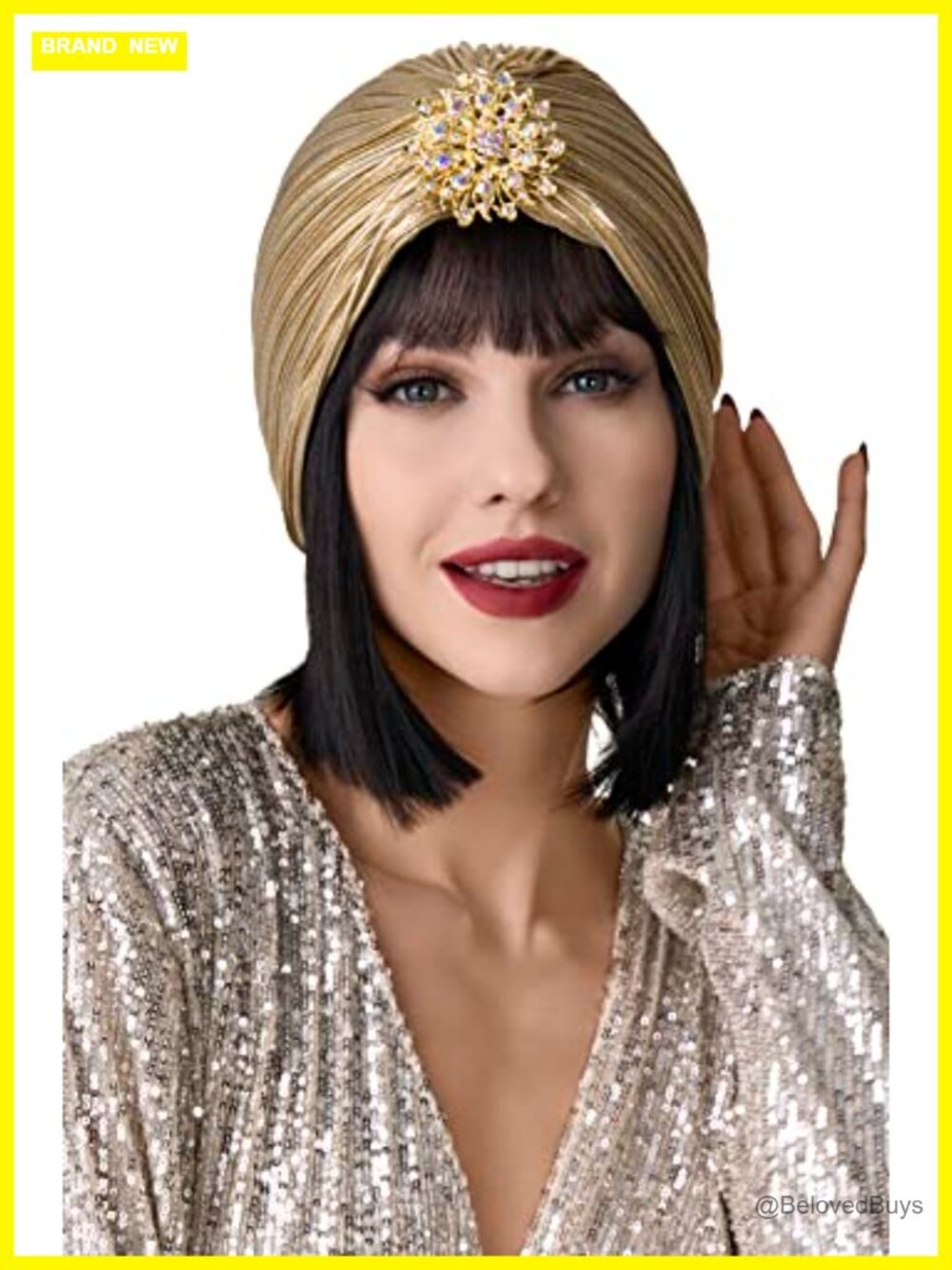 Pleated Knit Turban Hat with Crystal Vintage Head Wrap